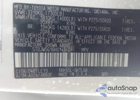 2017 Toyota Sequoia Limited z USA, uszkodzony, nr VIN 5TDJW5G16HS148404